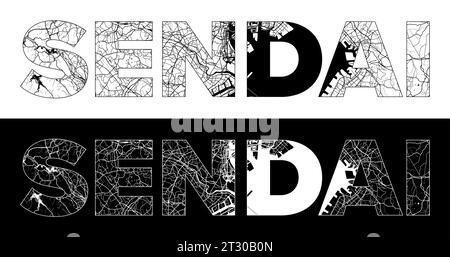 Sendai City Name (Japan, Asia) with black white city map illustration vector Stock Vector