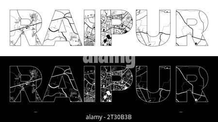 Raipur City Name (India, Asia) with black white city map illustration vector Stock Vector