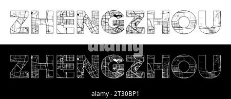 Zhengzhou City Name (China, Asia) with black white city map illustration vector Stock Vector