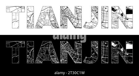 Tianjin City Name (China, Asia) with black white city map illustration vector Stock Vector