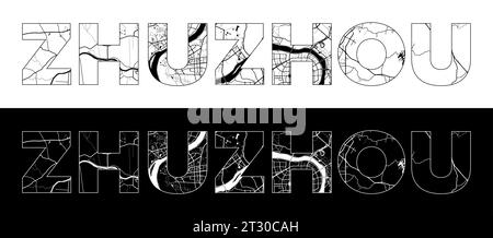 Zhuzhou City Name (China, Asia) with black white city map illustration vector Stock Vector