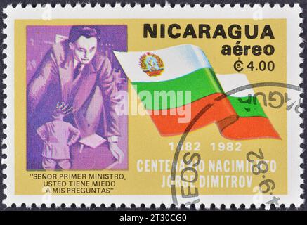 Cancelled postage stamp printed by Nicaragua, that celebrates George Dimitrov, 100th anniversary of birth, circa 1982. Stock Photo