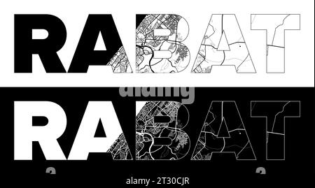 Rabat City Name (Morocco, Africa) with black white city map illustration vector Stock Vector