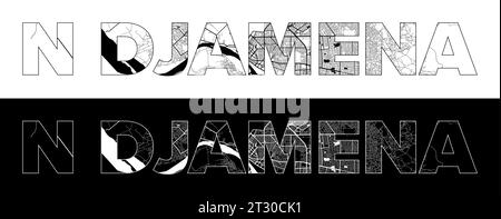 N Djamena City Name (Chad, Africa) with black white city map illustration vector Stock Vector