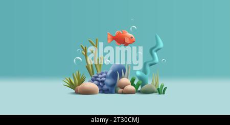 Coral reef and fish. 3d vector cartoon illustration with seaweed and bubbles under water composition Stock Vector