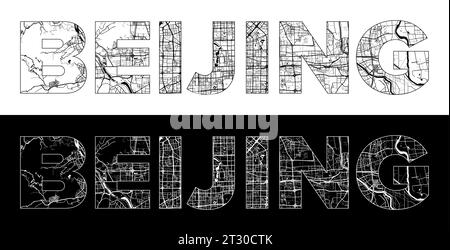 Beijing City Name (China, Asia) with black white city map illustration vector Stock Vector