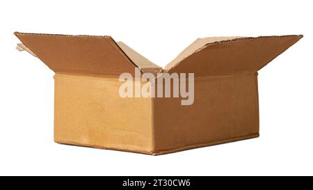 open used corrugated cardboard box used in packaging isolated on white background, blank carton mockup template for graphic design Stock Photo