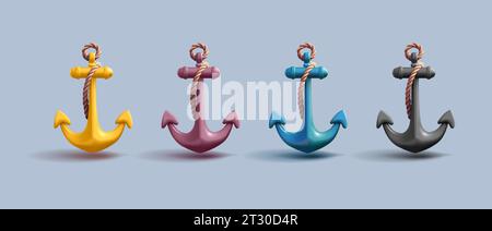 anchor 3D vector icon set, sailing retro anchor with rope in different colors, render illustration, isolated Stock Vector