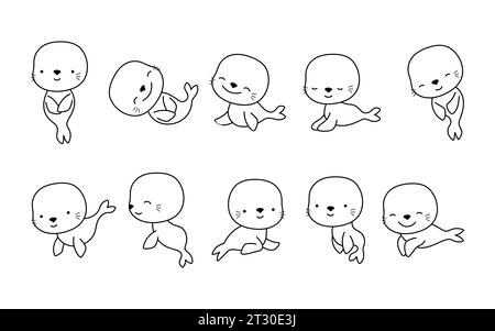 Set of Isolated Kawaii Seal Coloring Page. Cute Vector Kawaii Animals Outline. Collection of Cute Vector Baby Seal Outline for Stickers, Baby Shower Stock Vector