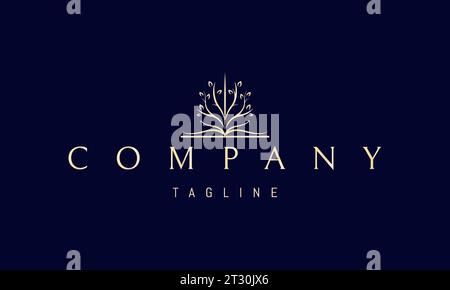 A vector golden logo with an abstract image of an open book with a tree in the shape of a brain. Stock Vector