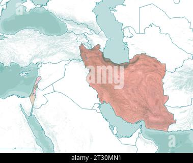 Map of Israel, Gaza Strip, West Bank, Lebanon and Iran, Middle East. Highlighted States, coalitions. Map and borders, reliefs and lakes. Nasa Stock Photo