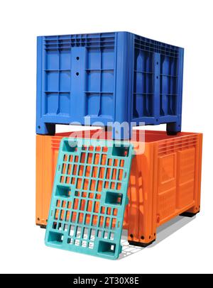 Plastic boxes for warehouse logistic concept, isolated on white background Stock Photo