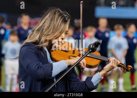 Dr. Celine Thum performs The Star-Spangled Banner before last game of the MLS regular season between NYCFC and Chicago Fire FC at Citi Field on October 21, 2023. NYCFC won the game 1 - 0 Stock Photo