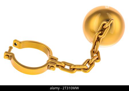 Golden prison shackle with chain, 3D rendering isolated on white background Stock Photo