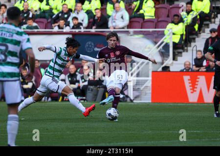 Edinburgh, UK. 22nd Oct, 2023. Edinburgh. Scotland. Tynecastle Park. 22 October 2023 During the Cinch Scottish Premiership. Match between Hearts & Celtic Heart's Alex Lowry tries to get Hearts on the attack (Photo Credit: David Mollison/Alamy Live News Stock Photo