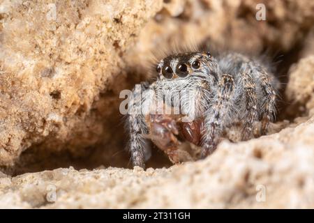 Juvenile Red-bellied Jumping Spider with springtail prey, on a wall in Corfu, Greece. Stock Photo