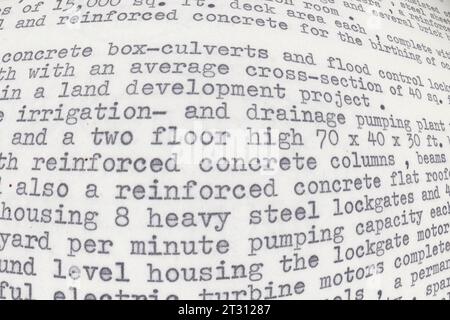 Distorted text written on an old typewriter. It is part of a resume of a civil engineer who has worked in the sixties in South America. Text backgroun Stock Photo