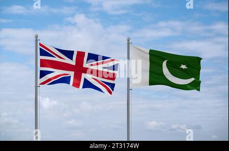 Pakistan and Brazil flags waving together on blue cloudy sky, two country relationship concept Stock Photo