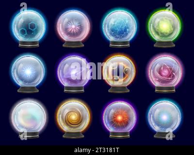 Magic crystal balls kit. Energy spheres, mystery fortune elements. Realistic 3d powers crystals, glass ball with various energies, pithy vector set Stock Vector