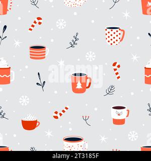 Christmas drinks seamless pattern. Hot chocolate, cute mugs cappuccino and coffee. Cozy winter holidays beverages snugly vector textures Stock Vector