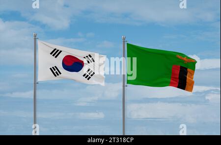 Brazil and Zambia flags waving together on blue cloudy sky, two country ...
