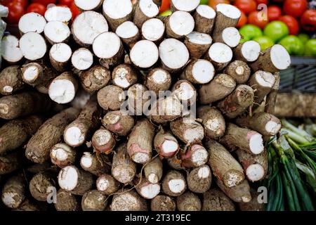 Close-up of cut cassavas in a market in Colombia Stock Photo