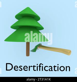 3D illustration of an ax aiming to cut a symbolic tree - representing the desertification of virgin forests, thus damaging global climate. Stock Photo