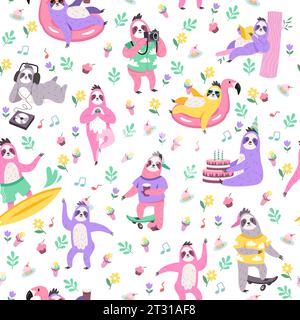 Seamless pattern with sloths. Cute lazy animals. Funny sloth. Childish decor textile, wrapping paper, wallpaper design. Print for fabric. Cartoon flat Stock Vector