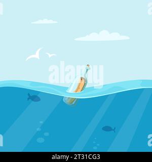 Bottle in sea. Outdoor background with open sea space. Vector marine landscape Stock Vector