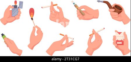 Cigarettes in hands. People holding vape cigarette and different specific devices for smoking exact vector tobacco concept pictures set Stock Vector