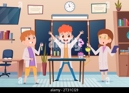 Scientists. Little kids making experiments in chemical laboratory exact vector cartoon people funny background Stock Vector