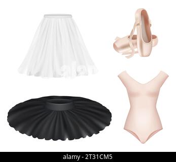 Ballet. Clothes bodysuit boots tutu skirt elegant style ballerina performance show decent vector realistic templates Stock Vector