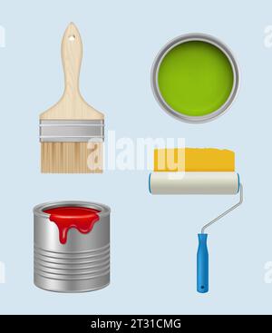 Paint tools. Brushes oil paint rollers for wall paintings decent vector realistic templates set Stock Vector