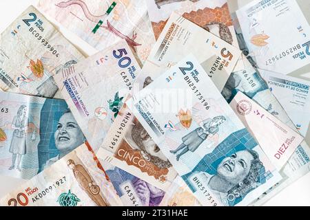 Macro closeup of Colombian pesos of different values Stock Photo