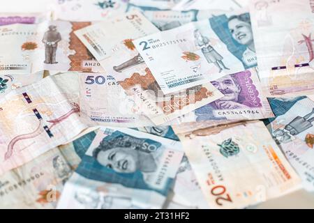 Macro closeup of Colombian pesos of different values Stock Photo