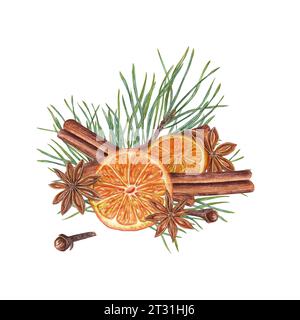 Dried ripe orange slices, star anise, cinnamon sticks, cloves, pine sprig. Badian, spruce, citrus. Winter composition of aromatic spices. Stock Photo