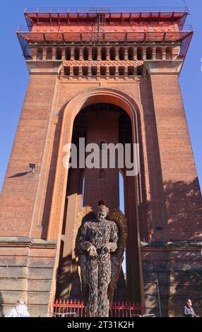 The Knife Angel sculpture created by Alfie Bradley is made from seized blades, on display here at the Jumbo Water Tower in Colchester, Essex. Stock Photo