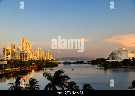 Cartagena de Indias, Colombia - January 18, 2023: Hilton Hotel and residential buildings during sunset in El Laguito neighborhood Stock Photo