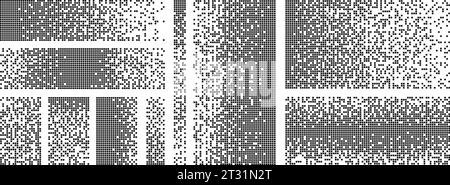 Dispersed elements. Pixelated squares, destruction on fragments. Flat black dispersion element, pixel disintegration backgrounds racy vector Stock Vector