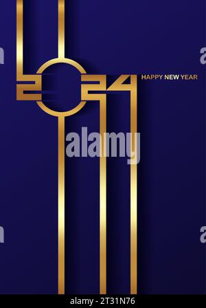 golden 2024 Happy New Year card with premium foil gradient texture lines, dark background. Festive luxury design for holiday card, invitation, Stock Vector