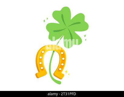 Vector illustration of a four leaf clover and horseshoe. Lucky clover and horseshoe  for Patrick's day. Stock Vector