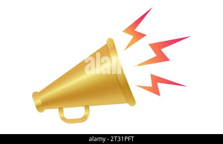 Vector icon of vintage golden megaphone for fake, breaking news or sale. Vector retro gold megaphone with lightning on white background. Stock Vector