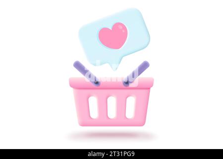 Vector pink shopping basket in realistic 3d style with like icon. Vector illustration of pink shopping basket on isolated background. Stock Vector