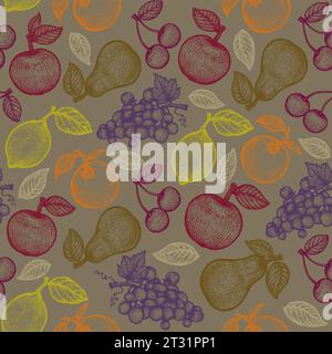 Vintage vector seamless fruit pattern in engraving style. Retro pattern with colorful fruits in retro style. Stock Vector