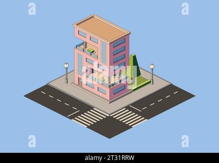 Isometric building with road and trees, vector illustration Stock ...