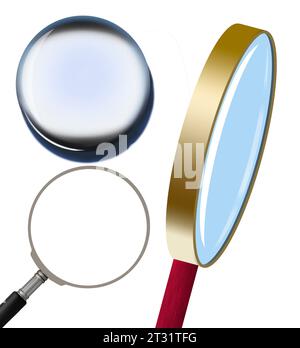 Magnifying glasses are seen isolated on a white background in 3-d illustrations. This is a graphic resource. Stock Photo