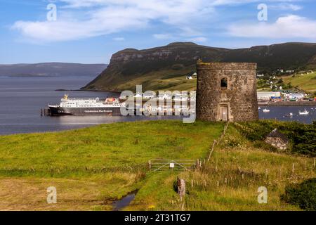 Uig Pier is the main ferry port on the Isle of Skye, with ferries to Tarbert on Harris and Lochmaddy on North Uist. Stock Photo