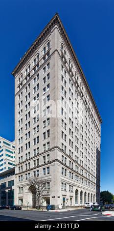 Downtown Trenton: Trenton Trust Company is a landmark commercial high-rise; the stone-clad building has a two-story arched entry on West State Street. Stock Photo