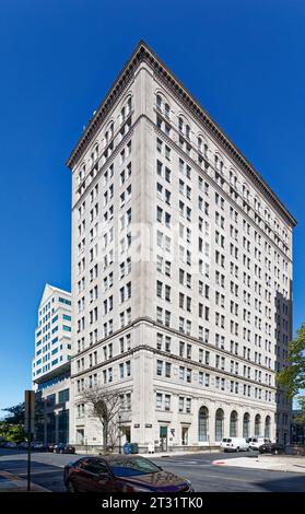 Downtown Trenton: Trenton Trust Company is a landmark commercial high-rise; the stone-clad building has a two-story arched entry on West State Street. Stock Photo