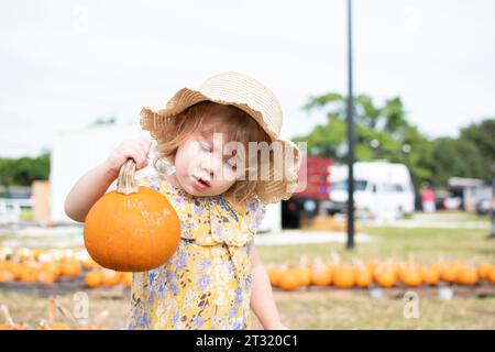 Little cute toddler girl is choosing pumpkin at the pumpkin patch. Fall kids activities. Fun on the farm with kids Stock Photo